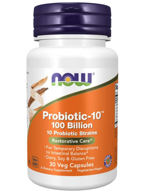 NOW Probiotic-10, probiotika, 100 miliard CFU, 10 kmenů, 30 rostlinných kapslí