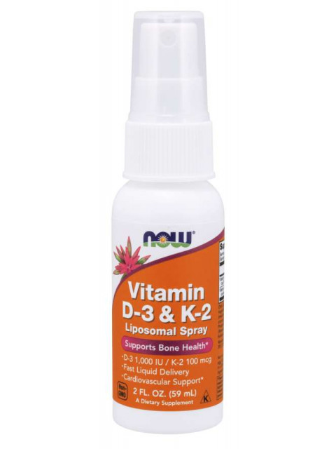 NOW Liposomal Vitamin D3 & K2 (1000 IU/100 mcg), 79 dávek, lipozomální vitamín a ve spreji, 59 ml