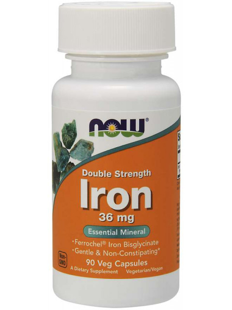 NOW Iron Bisglycinate Double Strenght, železo chelát (Ferrochel), 36 mg, 90 rostlinných kapslí