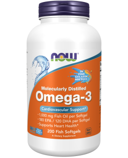 NOW Omega-3, molekulárně destilované, 200 rybích kapslí