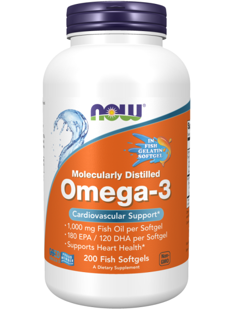 NOW Omega-3, molekulárně destilované, 200 rybích kapslí