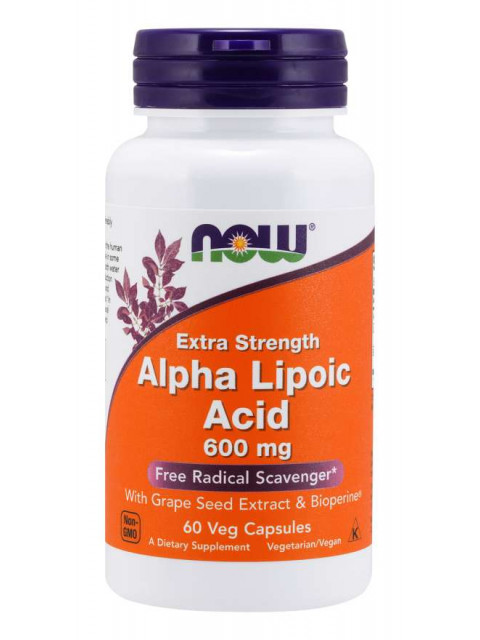 NOW Alpha Lipoic Acid (Kyselina Alfa Lipoová) with Grape Seed Extract & Bioperine, 600  mg, 60 rostlinných kapslí