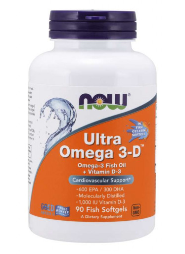 NOW Ultra omega-3 s vitaminem D, 300 DHA / 600 EPA, 90 softgelových kapslí