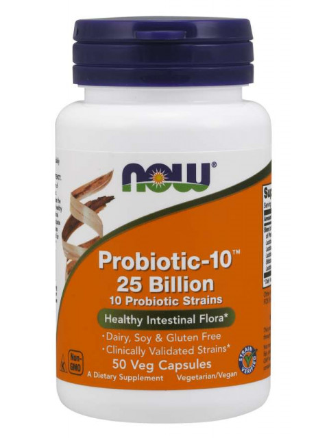 NOW Probiotic-10, probiotika, 25 miliard CFU, 10 kmenů, 50 rostlinných kapslí